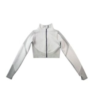 New Mix Seamless Textured Cropped Zip Up Jacket Gray Long Sleeve Small